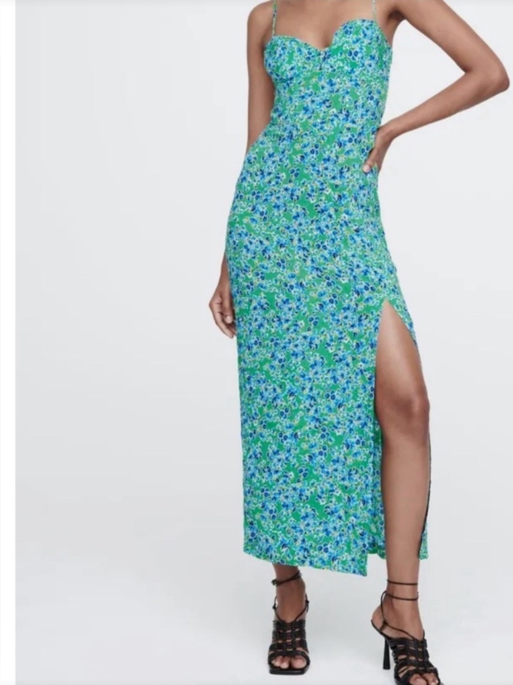 Zara Green Floral Maxi Dress with Blue Print